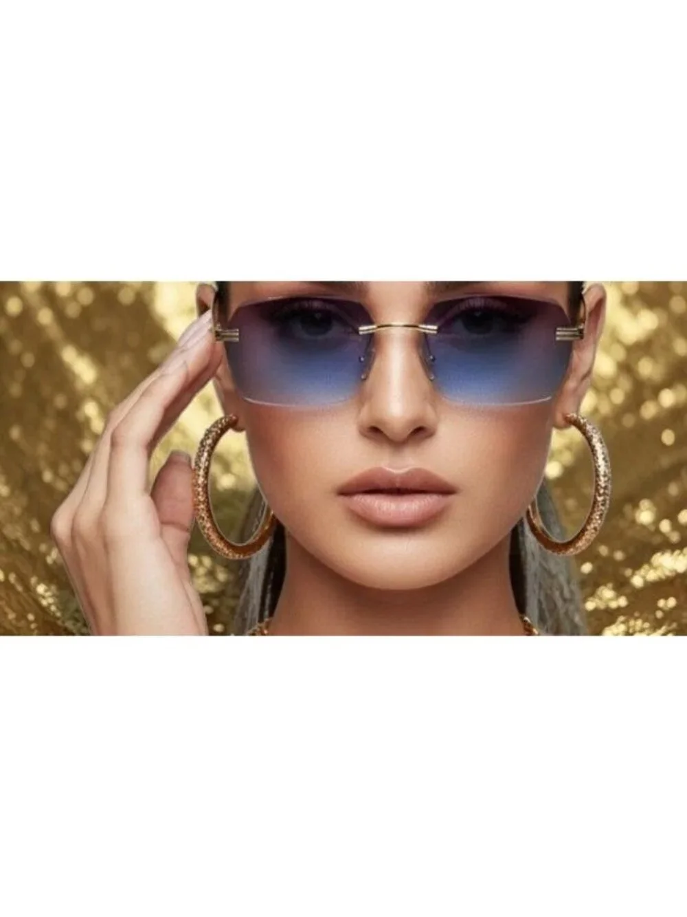 Blue Purple Lens Sunglasses Gold White Frame Y2K Luxe Glam Festival Shades